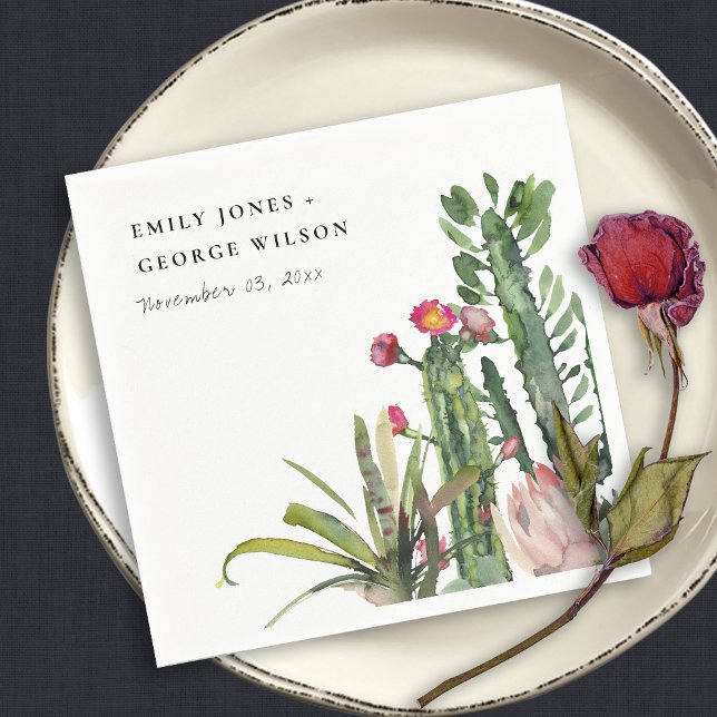 PINK FLORAL DESERT CACTI FAUNA WATERCOLOR WEDD SERVIETTE (Von Creator hochgeladen)