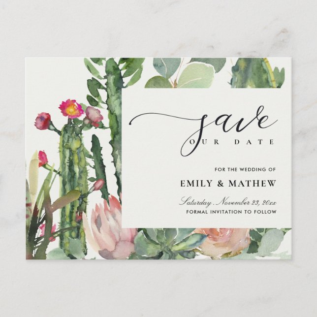 PINK FLORAL DESERT CACTI FOLIAGE SAVE THE DATE ANKÜNDIGUNGSPOSTKARTE (Vorderseite)