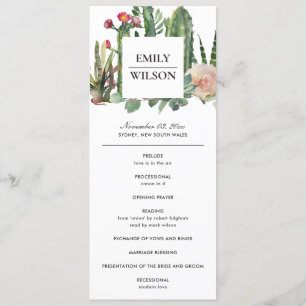 PINK FLORAL DESERT CACTI WEDDING CEREMONONY PROGRA MENÜKARTE