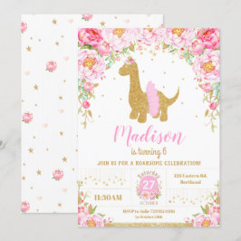 Pink Floral Dinosaurier Brachiosaurus Geburtstagsk Einladung