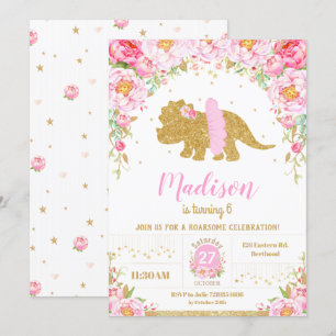 Pink Floral Dinosaurier Triceratops Geburtstagskin Einladung