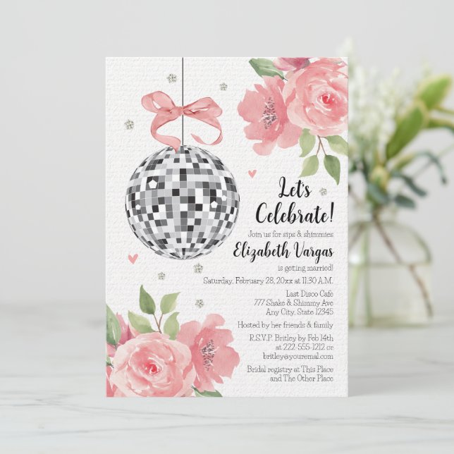 Pink Floral Disco Themed Bridal Dusche Einladung (Stehend Vorderseite)