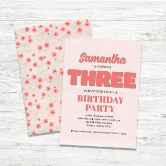 Pink Floral Dritter Geburtstag Girl Party Template Einladung