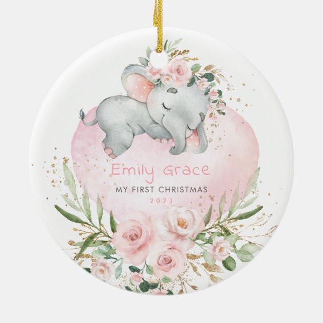 Pink Floral Elephant Baby 1. Weihnachten Keramik Ornament (Hinten)