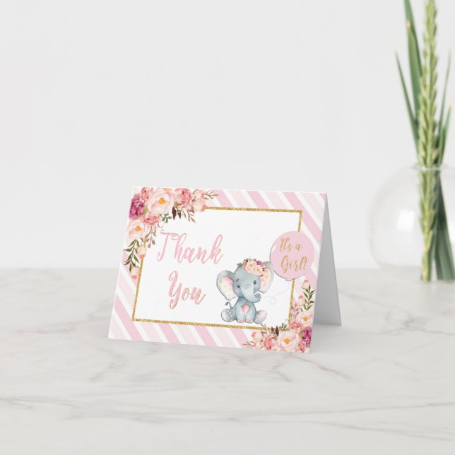Pink Floral Elephant Baby Dusche Danke Karte (Vorderseite)