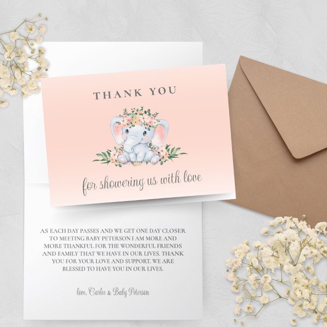 Pink Floral Elephant Baby Dusche Danke Karte (Elephant Baby Shower Thank You Cards for Sweet Baby Girl with Pink Peach Floral and Greenery)