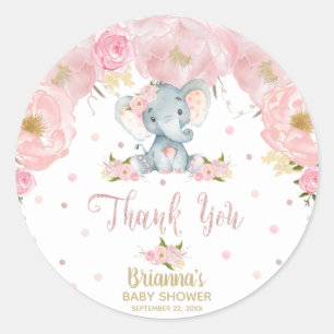 Pink Floral Elephant Baby Dusche Danke Runder Aufkleber