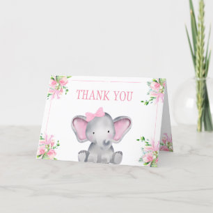 Pink Floral Elephant Baby Dusche Dankeskarte