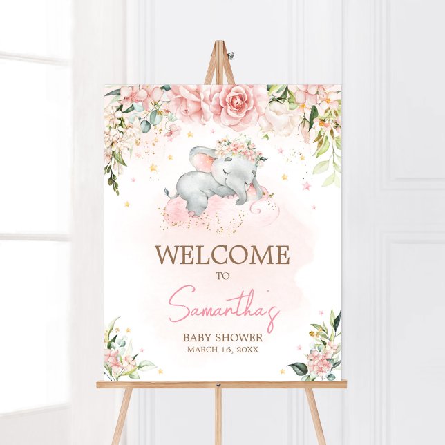 Pink Floral Elephant Baby Dusche Empfang Poster (Pink Floral Sleeping Elephant Baby Shower Welcome Sign)