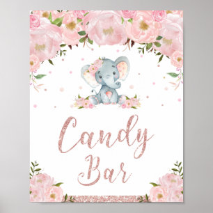 Pink Floral Elephant Babydusche Bonbons Bar Zeiche Poster