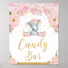Pink Floral Elephant Babydusche Bonbons Bar Zeiche Poster
