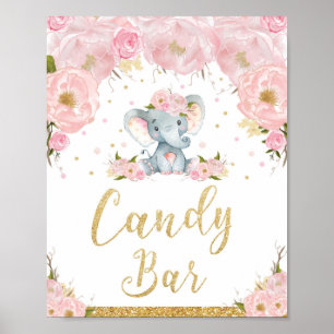 Pink Floral Elephant Babydusche Bonbons Bar Zeiche Poster
