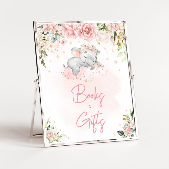 Pink Floral Elephant Babydusche Bücher und Geschen Poster (Pink Floral Sleeping Elephant Baby Shower Books and Gifts Sign)