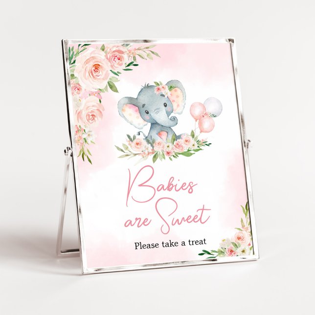 Pink Floral Elephant Ballon Babies sind süß Poster (Floral Balloon Elephant Baby Shower Babies are Sweet Sign)