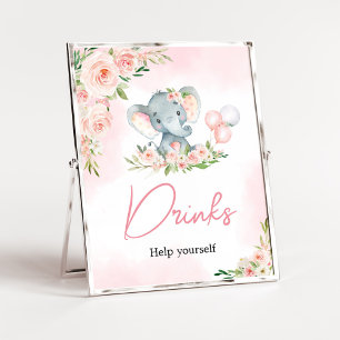 Pink Floral Elephant Balloon Baby Dusche Drinks Poster