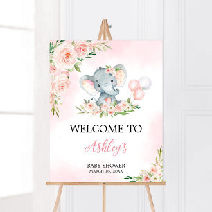 Pink Floral Elephant Balloon Baby Dusche Willkomme Poster