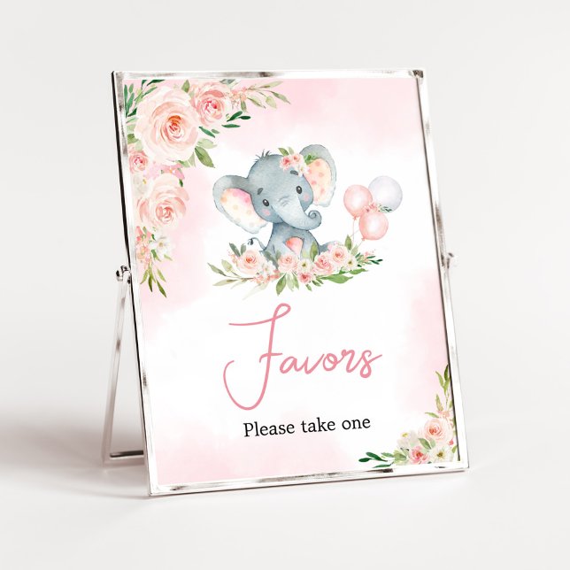 Pink Floral Elephant Balloon Baby Duwer Favorit Poster (Floral Balloon Elephant Baby Shower Favors Sign)