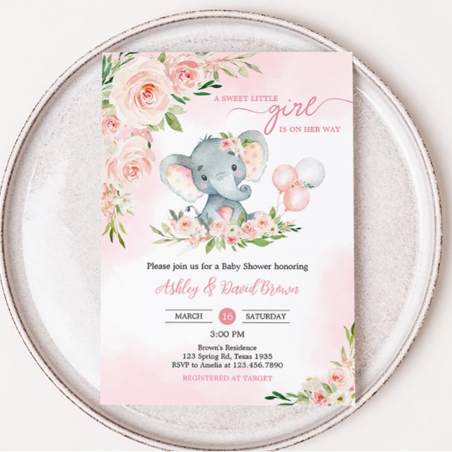Pink Floral Elephant Balloon Babydusche Einladung (Floral Balloon Elephant Baby Shower Invitation)