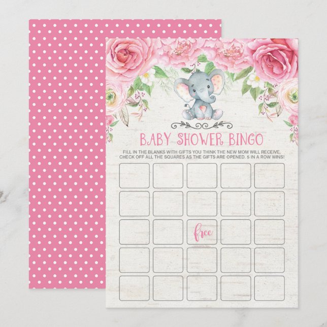 Pink Floral Elephant Bingo Baby Duschkarte Einladung (Vorne/Hinten)