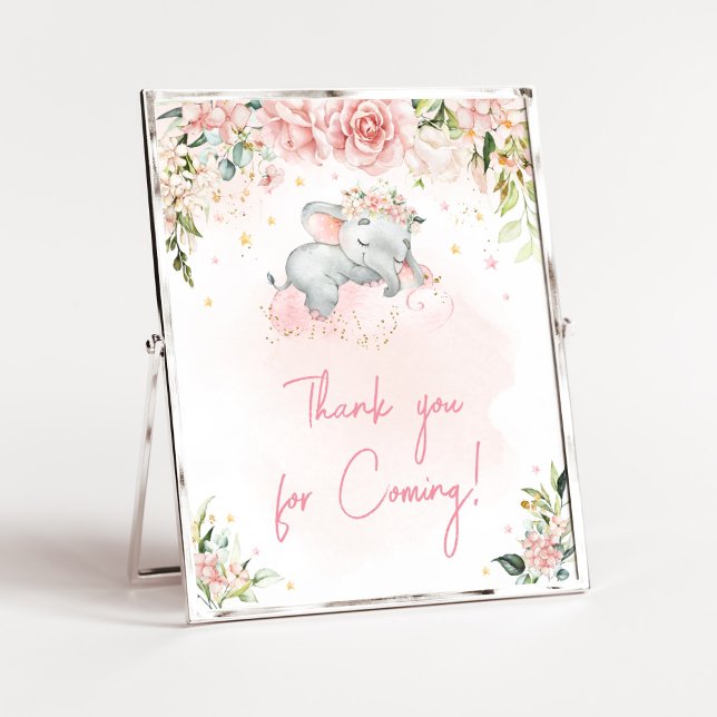 Pink Floral Elephant Danke, dass du gekommen bist Poster (Pink Floral Sleeping Elephant Baby Shower Thank you for Coming Sign)