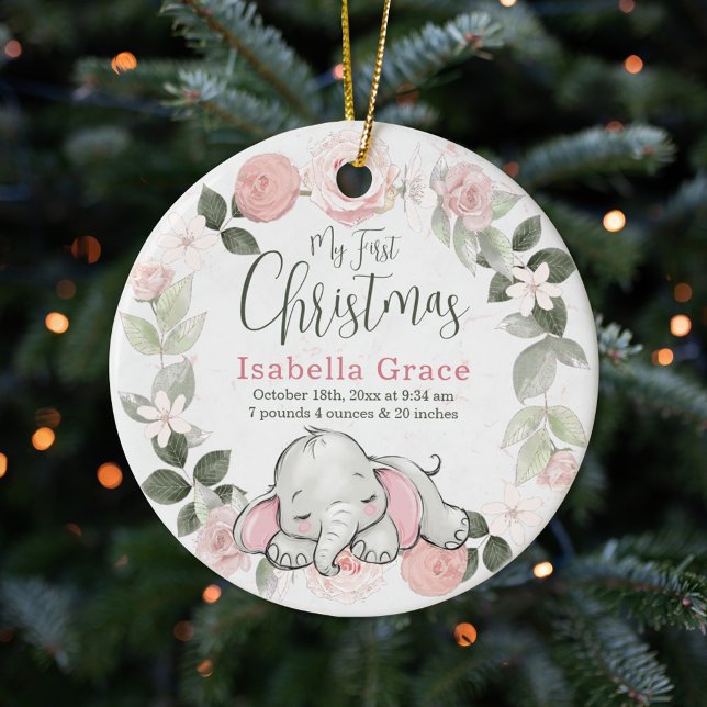 Pink Floral Elephant Girl Baby 1. Weihnachtsfest F Keramik Ornament (Von Creator hochgeladen)