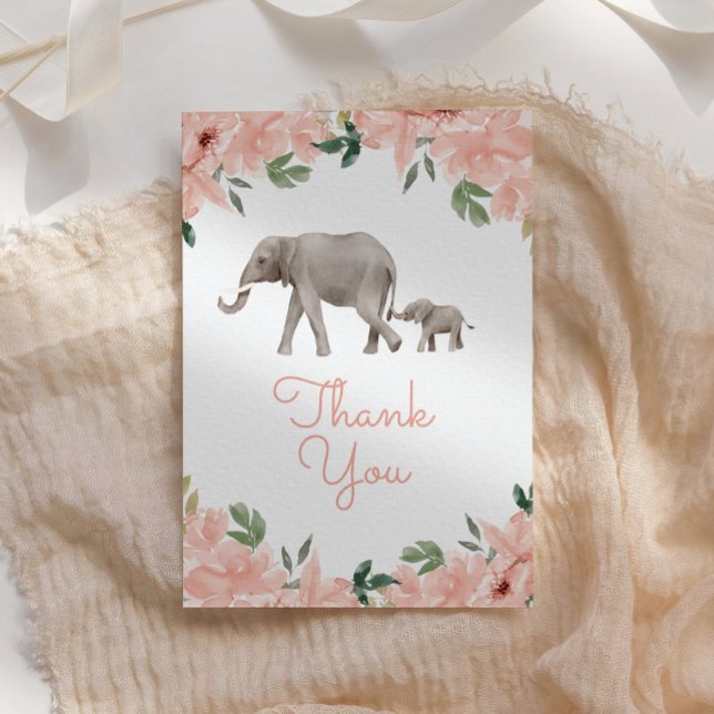 Pink Floral Elephant Girl Baby Dusche Dankeskarte (Von Creator hochgeladen)