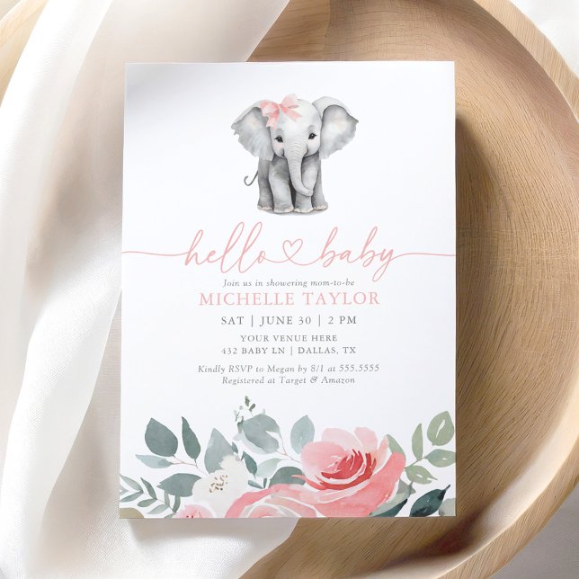 Pink Floral Elephant Girl Baby Dusche Einladung (Von Creator hochgeladen)