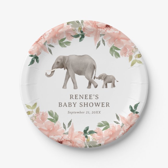 Pink Floral Elephant Girl Baby Dusche Pappteller (Vorderseite)