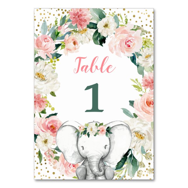 Pink Floral Elephant Girl Baby Dusche Tischnummer (Vorderseite)