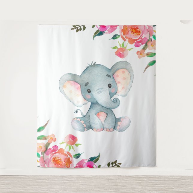 Pink Floral Elephant Kinderzimmer Wandteppich (Vorderseite)