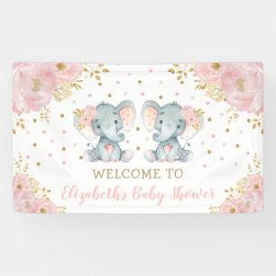 Pink Floral Elephant Twi Girls Babydusche Willkomm Banner
