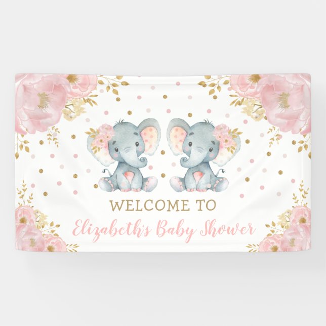 Pink Floral Elephant Twi Girls Babydusche Willkomm Banner (Horizontal)