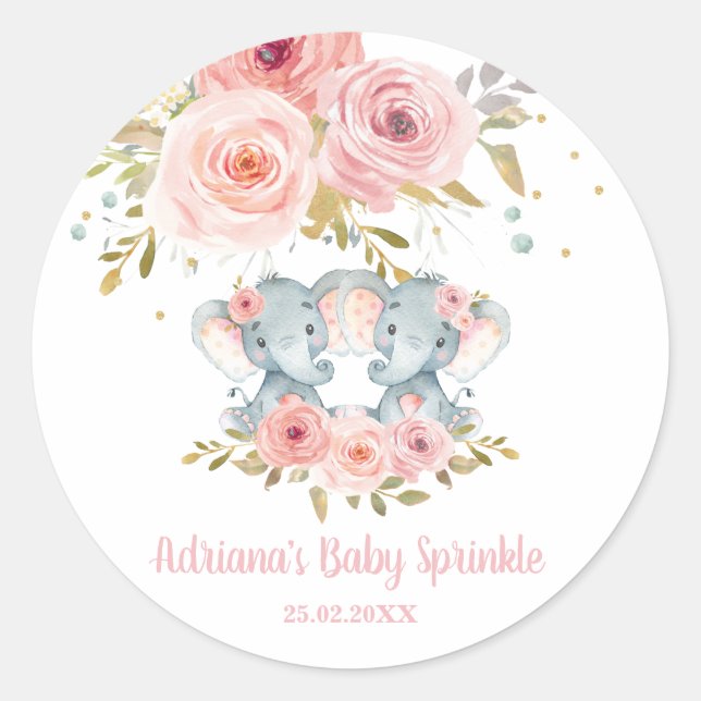 Pink Floral Elephant Twin Girls Baby Dusche Gefall Runder Aufkleber (Vorderseite)
