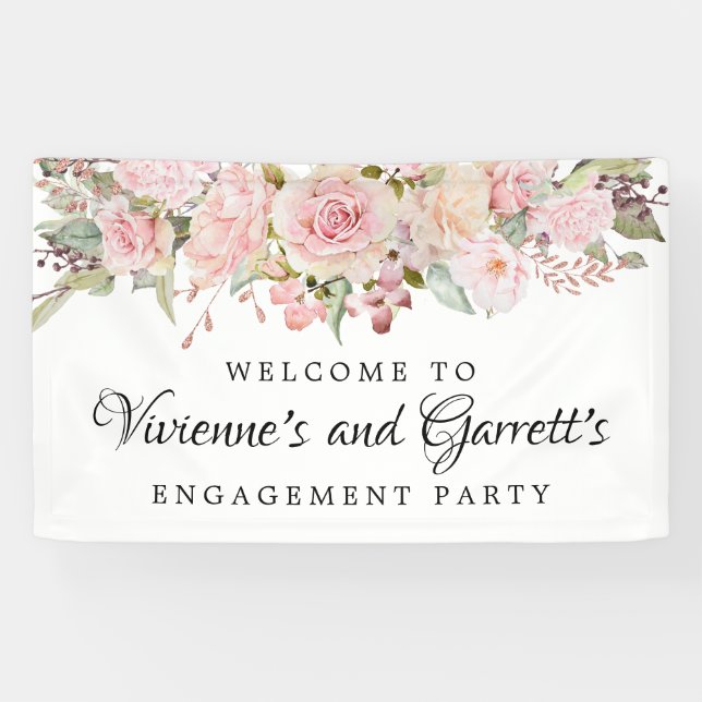Pink Floral Engagement Party Willkommensbanner Banner (Horizontal)
