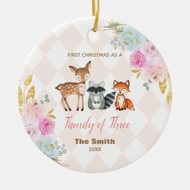 Pink Floral Erste Weihnachten als Familie von 3 Keramik Ornament (Vorne)
