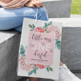 Pink Floral Erster Geburtstag Mittlere Geschenktüte