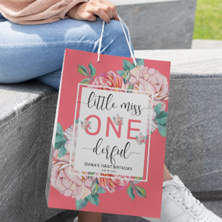 Pink Floral Erster Geburtstag Mittlere Geschenktüte