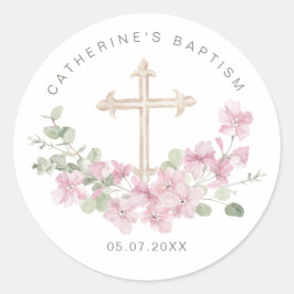 Pink Floral Eucalyptus Cross Baptism Runder Aufkleber