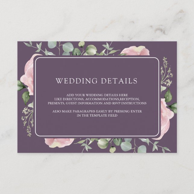 Pink Floral Eucalyptus Dusty Purple Wedding Detail Begleitkarte (Vorderseite)