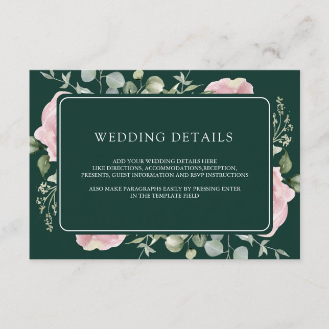 Pink Floral Eucalyptus Emerald Wedding Details Begleitkarte (Vorderseite)