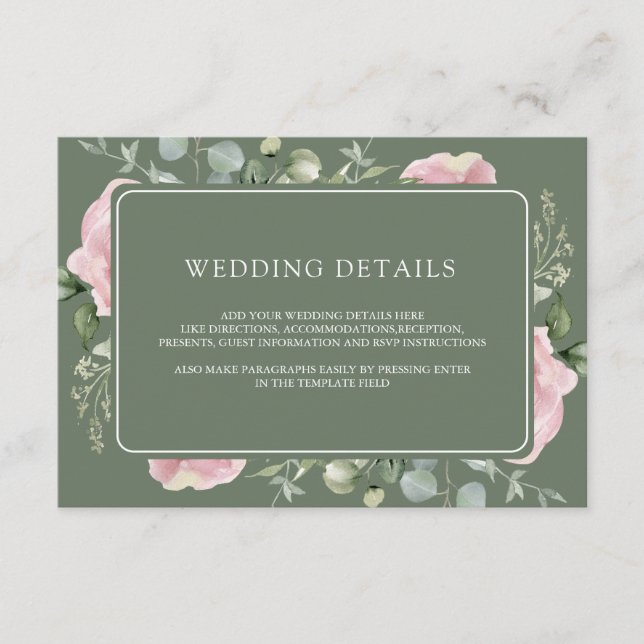 Pink Floral Eucalyptus Sage Green Wedding Details Begleitkarte (Vorderseite)