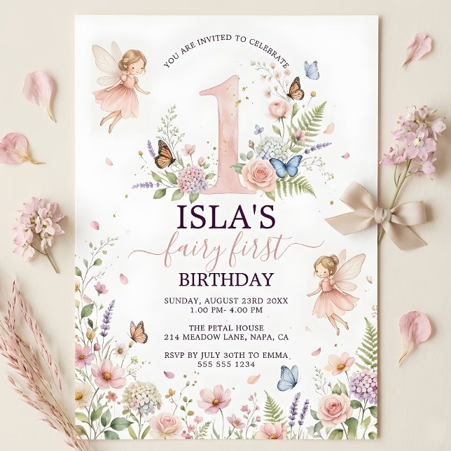 Pink Floral Fairy First Birthday Invitation Einladung (Pink Floral Fairy First Birthday Invitation)