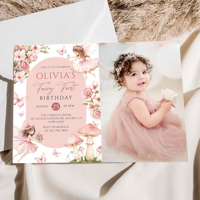 Pink Floral Fairy First Birthday Photo Invitation Einladung (Von Creator hochgeladen)