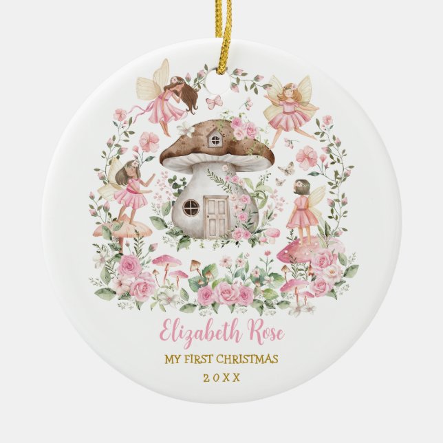 Pink Floral Fairy Princess Girl Baby 1. Weihnachte Keramik Ornament (Vorne)