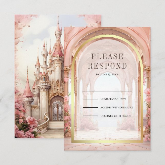 Pink Floral Fairytale Castle Wedding RSVP Karte (Vorne/Hinten)
