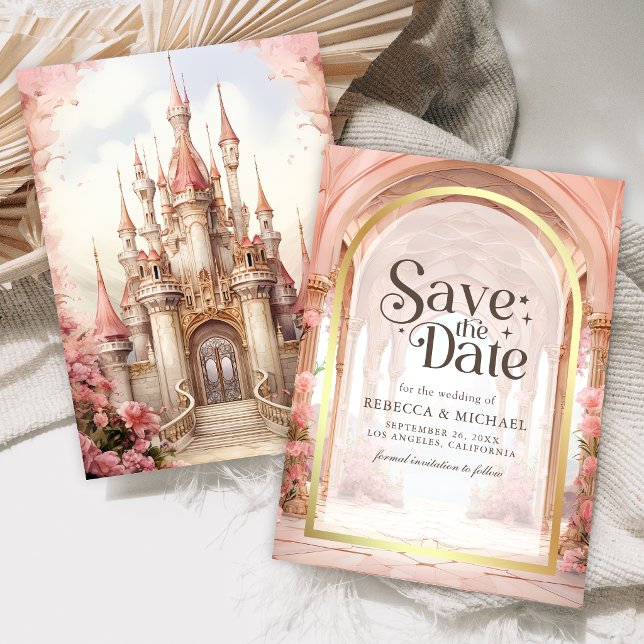 Pink Floral Fairytale Castle Wedding Save The Date (Von Creator hochgeladen)