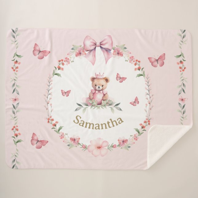 Pink Floral Fantasien und Teddy Bear Hugs Sherpadecke (Vorderseite (Horizontal))
