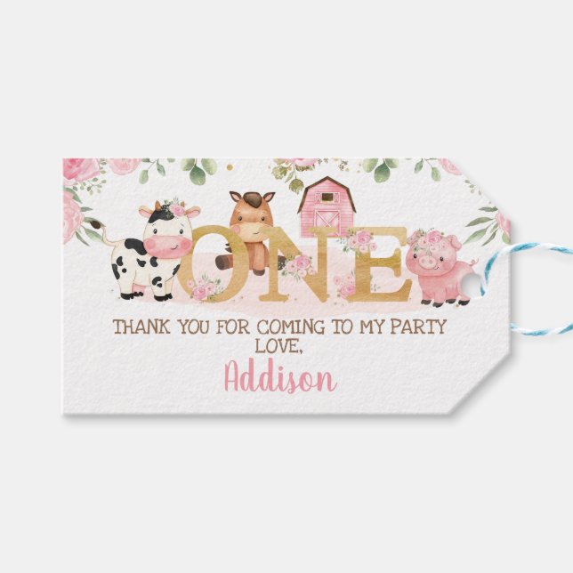 Pink Floral Farm 1. Geburtstag Geschenkanhänger (Vorderseite (Horizontal))