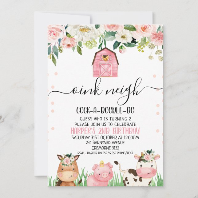 Pink Floral Farm Animal Calligraphy Birthday Einladung (Vorderseite)