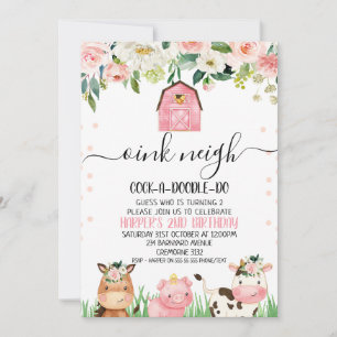 Pink Floral Farm Animal Calligraphy Birthday Einladung